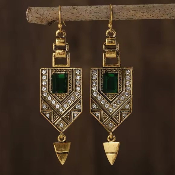 Marquis Ethnic Vintage Emerald Bronze Brushed Earrings - Picture 1 of 10